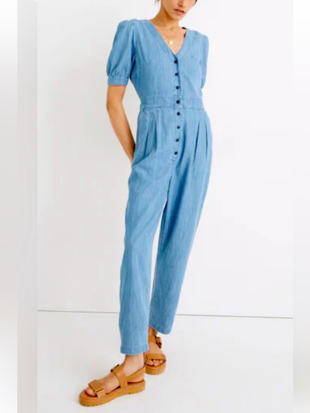 Madewell denim tencel jumpsuit with puff sleeves and button front size 12